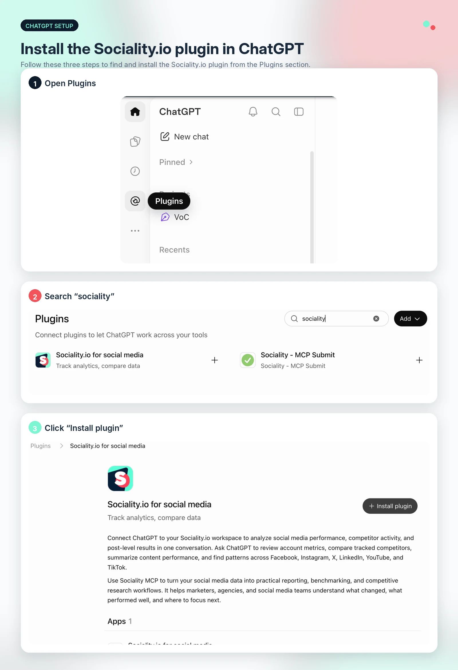 3 steps to install the Sociality.io plugin in ChatGPT, from Plugins to Install plugin