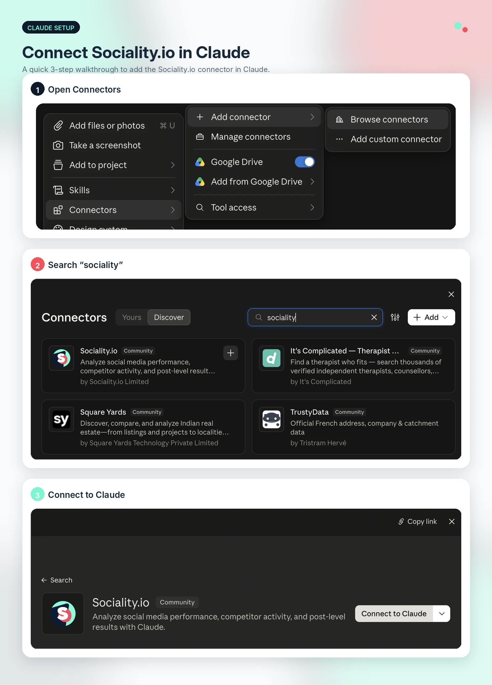 3 steps to connect Sociality.io in Claude, from Browse connectors to Connect to Claude