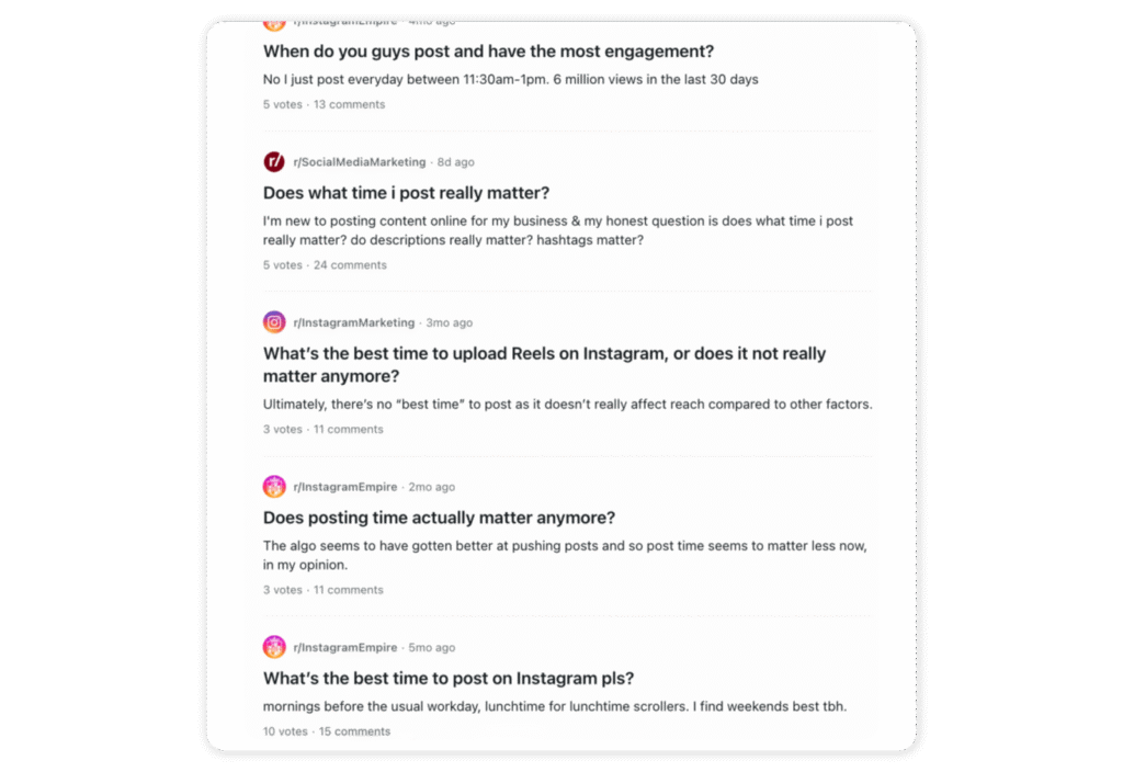 Reddit threads asking whether posting time still matters on Instagram